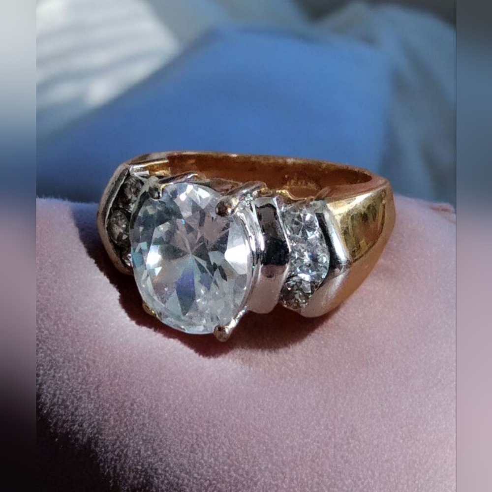 Two-Tone 18K Gold Electroplated Solitaire Ring with Brilliant Clear Stone – Size